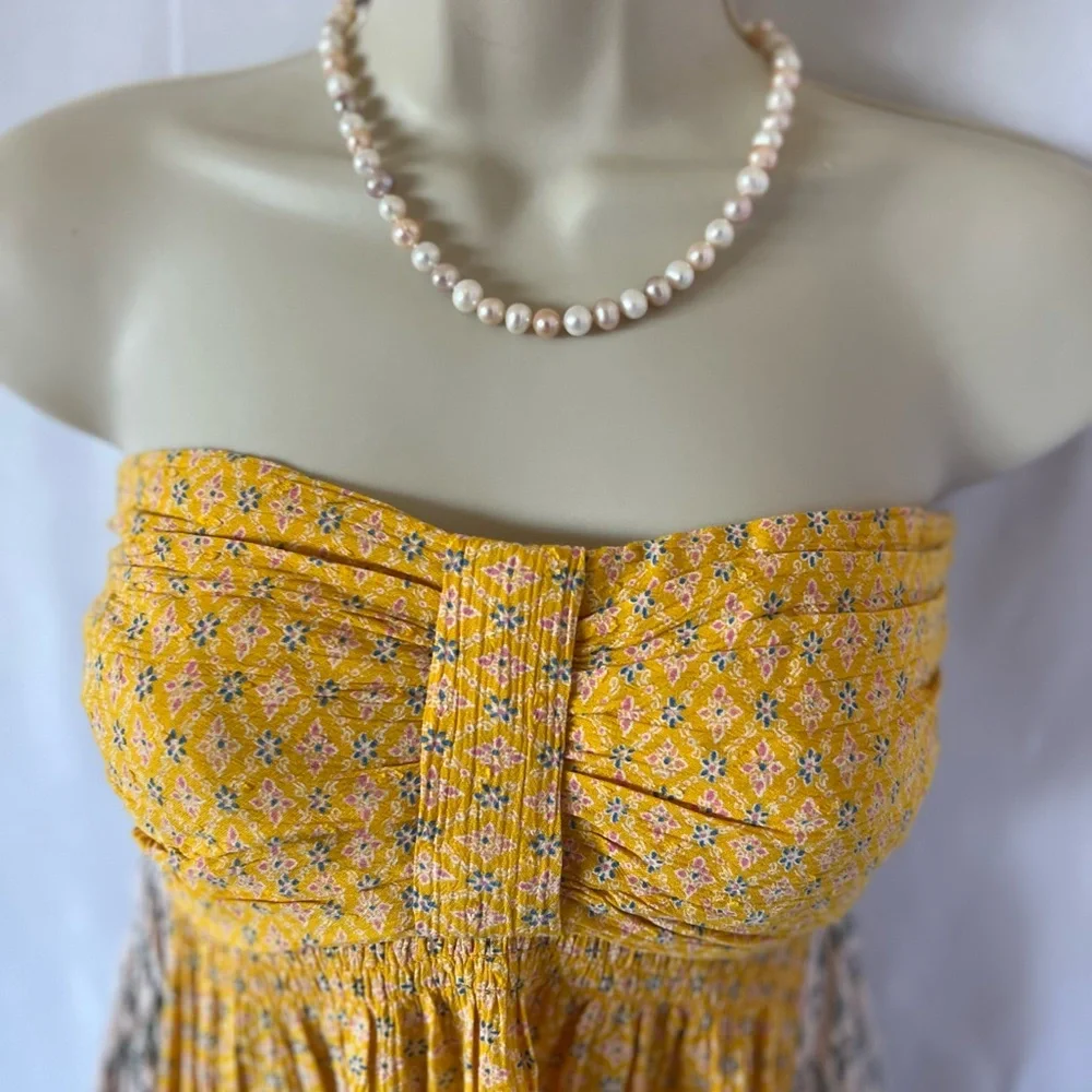 NWT Free People Strapless Ruched Cocktail Dress in Yellow and Green - Picture 4 of 12